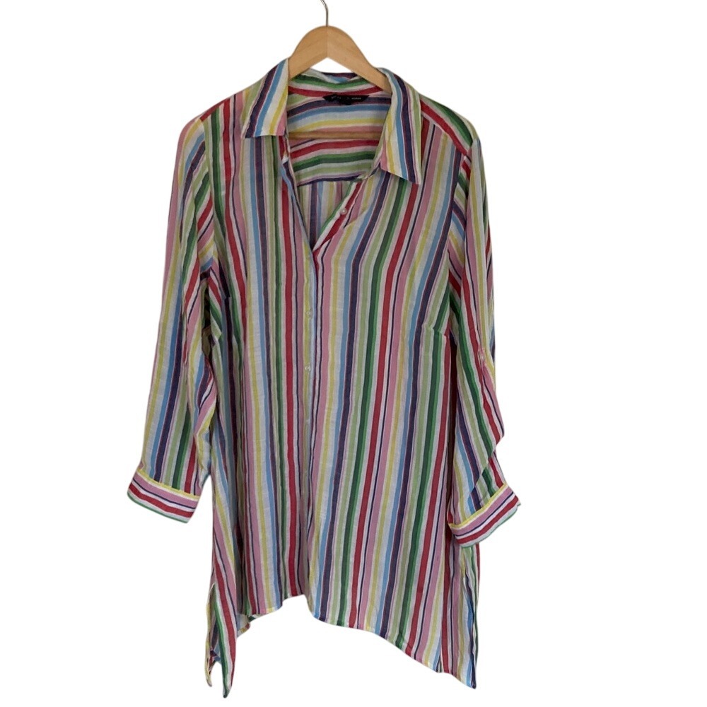 Zac & Rachel Womens Striped Multicolor Button Up Blouse Top Size 2x Rainbow